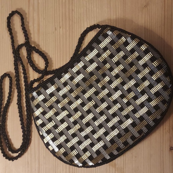 VINTAGE Beaded Shoulder Bag Clutch metallic black silver gold - Picture 2 of 8